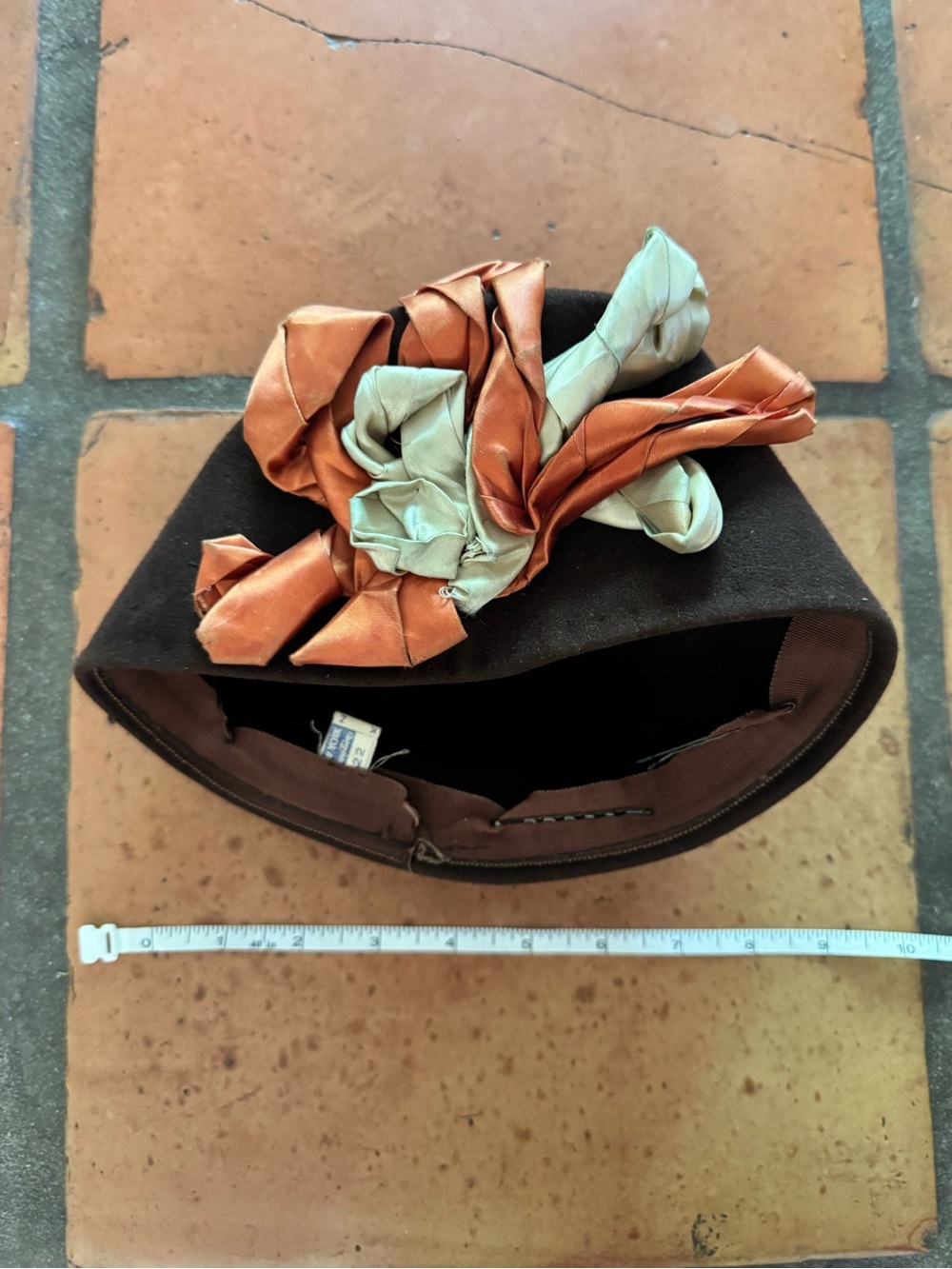40s 50s VTG Brown Hat with Copper Celadon Green Ribbon